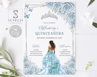 EDITABLE Quinceanera Invitation Template, Baby Blue Silver Flowers, Mis Quince, 15th 16th Birthday, Printable, Instant Download, SU061