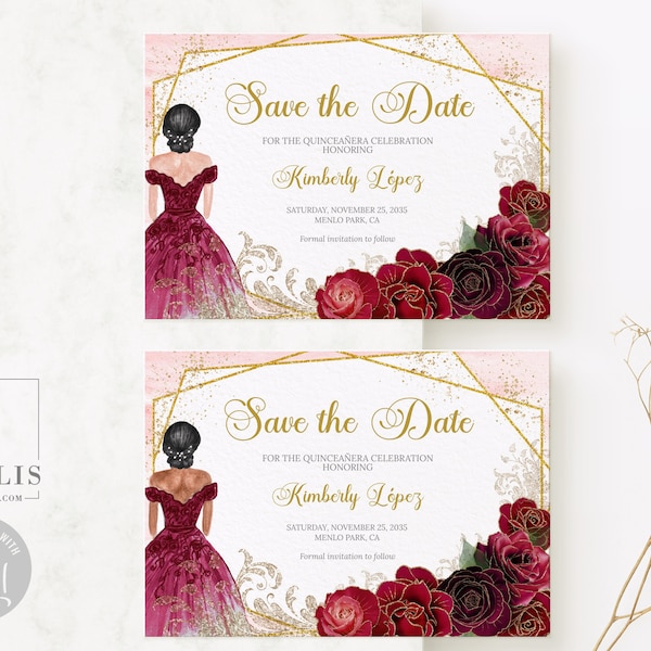 Editable Save the Date Template, Red Gold Flowers, Save Day, Quinceañera, Sweet 16, Quince, 15th Birthday, Printable Instant Download, QU169