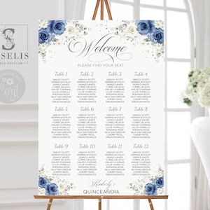 EDITABLE Seating Chart Template, Seating Plan, Table Plan, Blue Silver Flowers, Quinceañera, Sweet Sixteen, Sweet 16, Printable, QU084