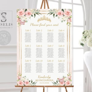EDITABLE Template Seating Chart, Table Plan, Blush Pink Flowers, Quinceañera, 16th Birthday, Wedding, Instant download, Printable QU054B