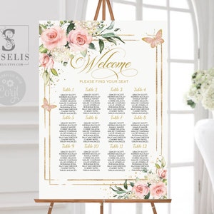EDITABLE Seating Chart, Table Plan, Blush Pink Floral, Find your seat Sign, Corjl Template, Instant download, Printable, QWLC002