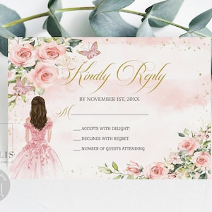 Editable Template RSVP Card, Kindly Reply, Blush Pink Flowers, Butterfly, Mis Quince, 15th Birthday, Printable, Instant Download, QU084C