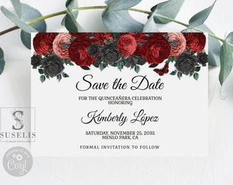 Editable Save the Date Card Template, Red Black Flowers, Quinceañera, Sweet 16, Mis Quince, 15th Birthday, Printable Instant Download, QU150