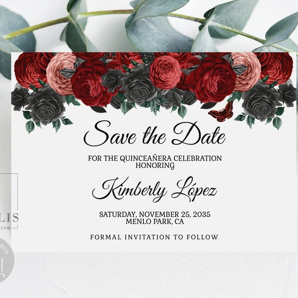 Editable Save the Date Card Template, Red Black Flowers, Quinceañera, Sweet 16, Mis Quince, 15th Birthday, Printable Instant Download, QU150