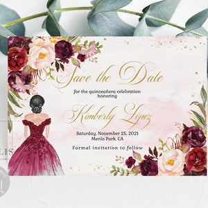 Editable Save the Date Card Template, Burgundy Flowers, Quinceañera, Sweet 16, Quince, 15th Birthday, Printable, Instant Download, QU084D