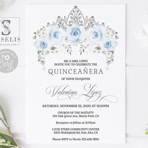 EDITABLE Quinceanera Invitation Template, Silver Blue Flowers, Butterfly, Mis Quince, Sweet Sixteen, Printable, Instant Download, QU091