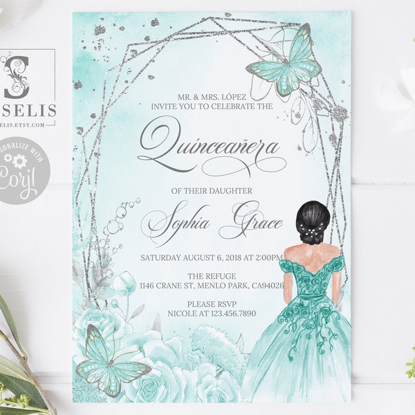 EDITABLE Quinceanera Invitation & Back Template, Aqua Flowers, Sea Mist, Mis Quince, Sweet 16, Printable, Instant Download QU069