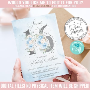 EDITABLE Sweet 16 Invitation, Watercolor Baby Blue Theme, Sweet Sixteens, 16th Birthday, Corjl Template, Instant Download, DIGITAL SW16015