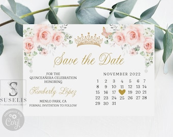 Editable Save the Date Card Template, Calendar, Blush Pink Flowers, Butterfly, Save the Day, Sweet 16, Printable, Instant Download, QU177