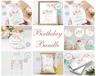 May include: A digital birthday party bundle featuring floral designs with pink roses and gold text. Includes invitations, a welcome sign, thank you tags, cupcake toppers, water bottle labels, chip bag wrappers, and candy bar wrappers.