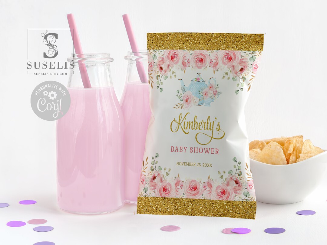 EDITABLE Template Baby Shower Chip Bag, Blush Pink Flowers, Brewing Tea ...