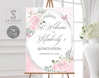 EDITABLE Quinceañera Welcome Sign Template, Sweet Sixteen, Sweet 16, Mis Quince, Blush Pink Flowers, Printable, Instant Download, QU210C