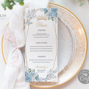 EDITABLE Menu Template, Quinceanera Sweet 16, Baby Blue Flowers, Gold, Butterfly, Mis Quince, Sweet 16, Wedding, Instant Download, QU181