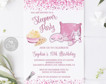Editable Sleepover Birthday Invitation, Pajama Party Digital 10-189