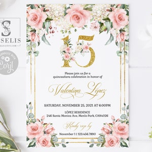 EDITABLE Quinceanera Invitation & Back Template, Blush Pink Floral, Sweet 16, Mis Quince, 15th Birthday, Printable, Instant Download, SU029