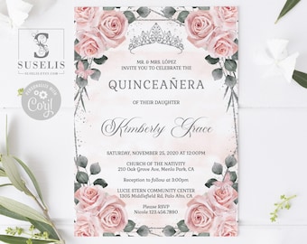 EDITABLE Quinceanera Invitation Template, Blush Pink Flowers, Silver, Sweet 16, Mis Quince, 15th Birthday, Printable Instant Download, QU173