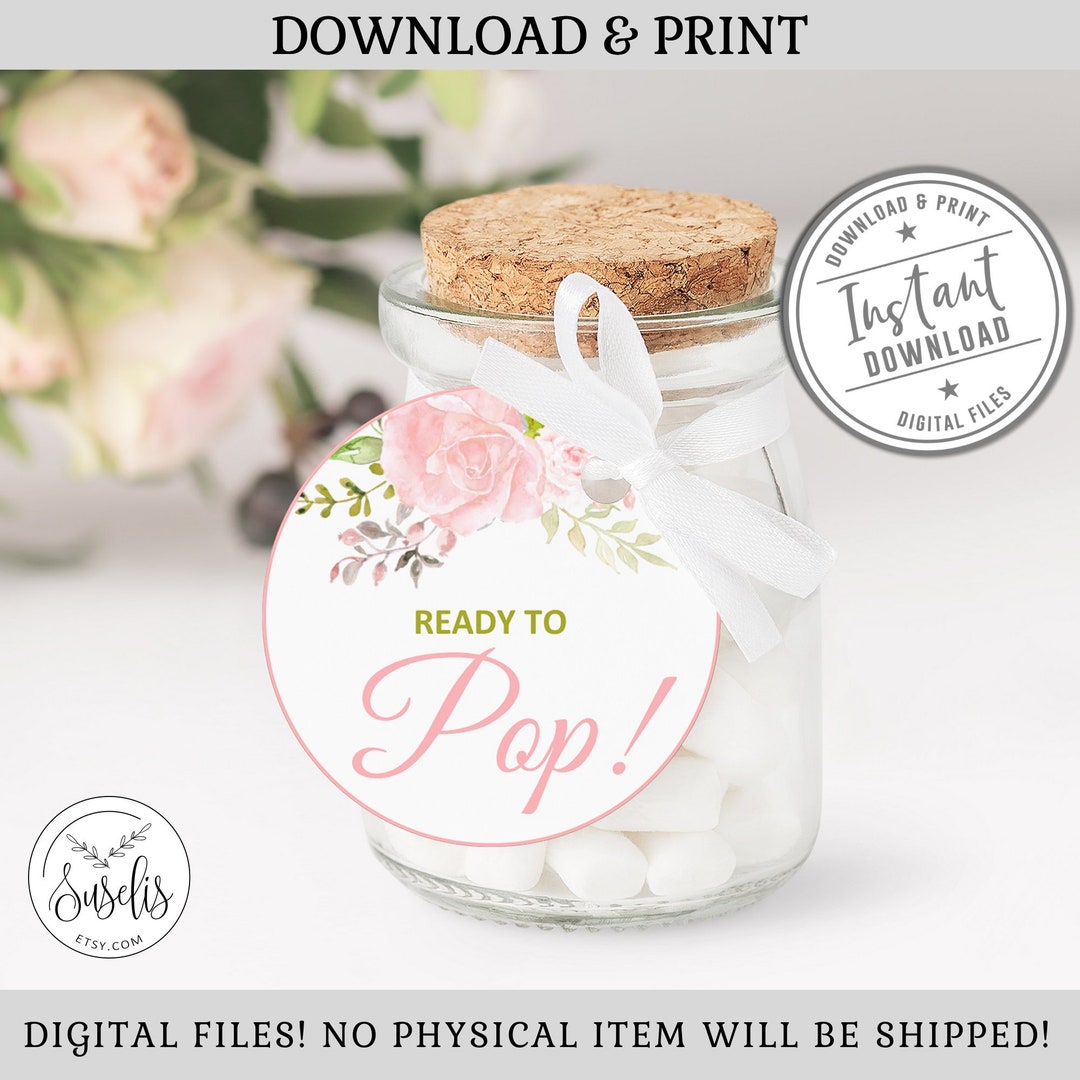 Printable Ready to Pop Tags, Watercolor Blush Pink Floral Theme, Baby Shower, Stickers, Instant ...