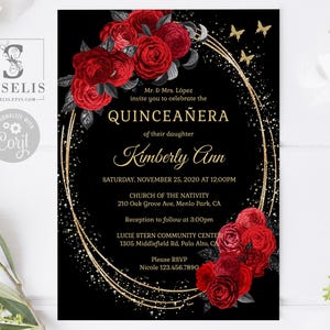 EDITABLE Quinceanera Invitation Template, Black Red Roses Flowers, Gold Butterfly, Mis Quince, Sweet 16, Printable, Instant Download QU171
