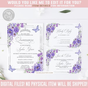 EDITABLE Suite Quinceanera Invitation, Save the Date, RSVP, Purple Floral, Butterfly, Mis Quince Anos Corjl Template, Instant Download QU070