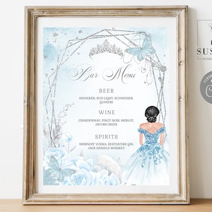 EDITABLE Quinceanera Bar Menu Sign Template, Drinks, Baby Blue Flowers, Butterfly, Sweet 16 15th Birthday, Printable Instant Download, QU069