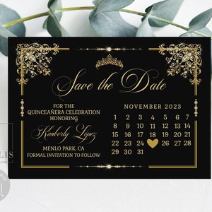 Editable Calendar Save the Date Card Template, Black Gold Ornaments, Quinceañera, Sweet 16, Wedding, Printable, Instant Download, QU202