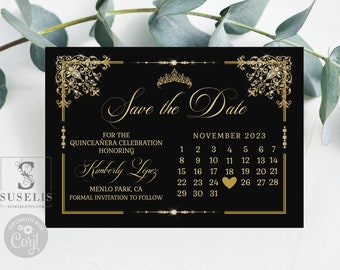 Editable Calendar Save the Date Card Template, Black Gold Ornaments, Quinceañera, Sweet 16, Wedding, Printable, Instant Download, QU202
