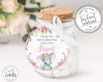 Printable Thank you for Celebrating our Little Peanut Tags, Elephant Baby Shower, Favor Tag, Blush Pink Floral Cupcake topper, DIGITAL BS014