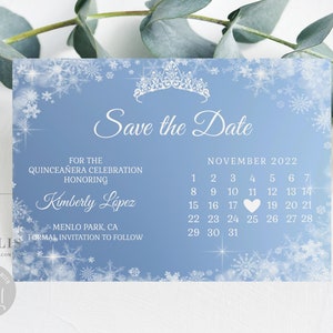 Editable Winter Wonderland Save the Date Card Template, Calendar, Quinceañera, Snowflakes, Sweet 16, Printable, Instant Download, QU161