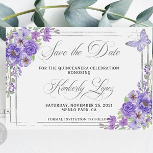 Editable Save the Date Template, Purple Flowers, Quinceañera, Sweet 16, Mis Quince, 15th Birthday, Printable, Instant Download, QU070