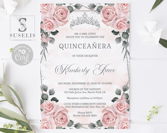 EDITABLE Quinceanera Invitation Template, Blush Pink Flowers, Silver, Sweet 16, Mis Quince, 15th Birthday, Printable Instant Download, QU173