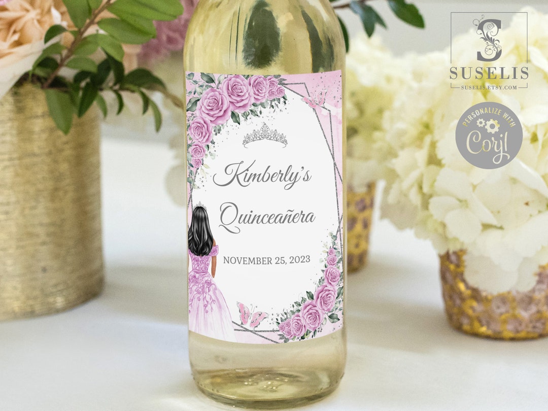 EDITABLE Quinceañera Wine Bottle Label Template, Silver Blush Pink Flowers, Butterfly, Mis
