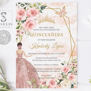 EDITABLE Template Quinceanera Invitation & Back, Blush Pink Flowers, Rose Gold, Mis Quince, Sweet Sixteen, Printable Instant Download QU054B