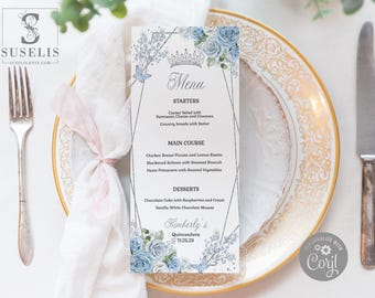 EDITABLE Menu Template, Quinceanera Sweet 16, Baby Blue Flowers, Silver, Butterfly, Mis Quince, Sweet 16, Wedding, Instant Download, QU181