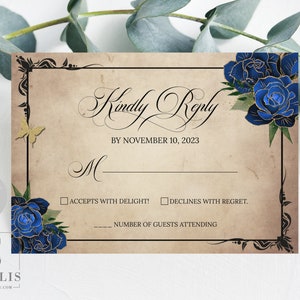 Editable RSVP Card, Kindly Reply, Royal Blue Roses Flowers, Inserts, Mis Quince Anos 15th Birthday, Template, Instant Download QU182