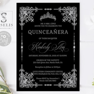 EDITABLE Quinceanera Invitation + Back Template, Silver Ornaments, Swirls, Sweet Sixteen, Wedding Invite, Printable, Instant Download, QU202