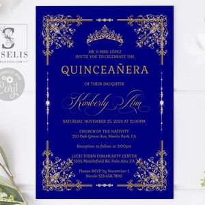 EDITABLE Royal Blue Quinceanera Invitation + Back Template, Gold Ornaments Swirls, Sweet 16, 15th Birthday, Printable Instant Download QU202