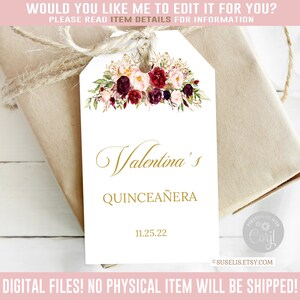 Editable Quinceanera Favor Tag, Marsala, Gift tag, Mis Quince Anos, 15th Birthday, Butterfly, Corjl Template, Instant Download, QU042