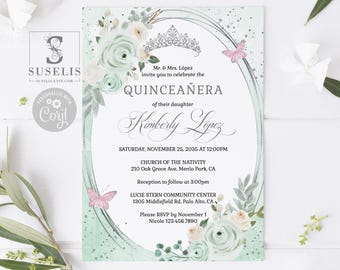 May include: A rectangular Quinceañera invitation card featuring a mint green and white floral border, a silver tiara illustration, and two pink butterflies. The text includes details for Kimberly Lopez, Saturday, November 25, 2035, at 12:00PM, at the Church of the Nativity in Menlo Park, CA.