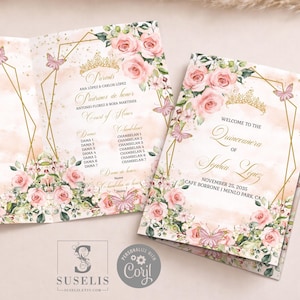 Pode incluir: Um conjunto de convites de Quinceañera com um esquema de cores rosa blush e dourado. O design inclui arranjos florais, borboletas e uma tiara. O texto inclui detalhes do evento e o nome "Sophia Lopez".