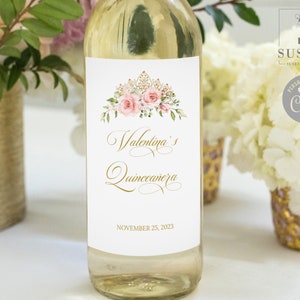 EDITABLE Wine Bottle Label Template, Blush Pink Flower, Quinceañera, Sweet Sixteen, Sweet 16, Favor label, Printable Instant Download, QU021