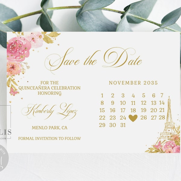 Editable Paris Save the Date Card Template, Calendar, Eiffel Tower, Blush Pink Flowers, Quinceañera, Printable, Instant Download, QU073