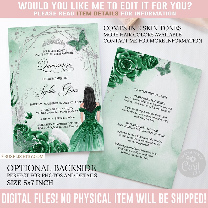 EDITABLE Quinceanera Invitation & Back Corjl Template Etsy