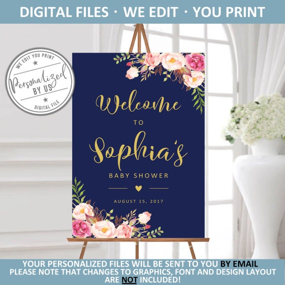 Printable Welcome To Baby Shower Sign Navy Blue Pink Gold Etsy