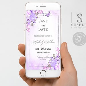 Editable Template Save the Date Evite, Text Invite, Purple Flowers, Butterfly, Sweet 16, 16th Birthday, Printable, Instant Download, SU010