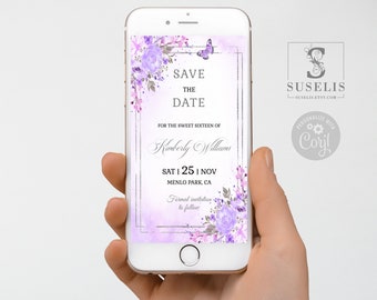 Editable Template Save the Date Evite, Text Invite, Purple Flowers, Butterfly, Sweet 16, 16th Birthday, Printable, Instant Download, SU010