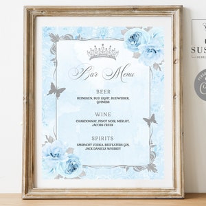 EDITABLE Quinceanera Bar Menu Sign Template, Drinks, Baby Blue Flowers, Butterfly, Sweet 16, 15th Birthday, Printable Instant Download QU189