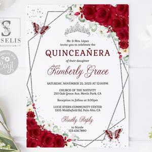 EDITABLE Ruby Red Roses, Quinceanera Invitation & Back Template, Butterfly, Sweet 16, 15th Birthday, Printable, Instant Download, QU193