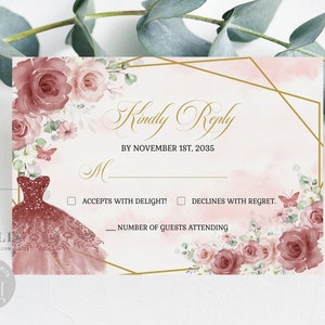 Editable RSVP Card Template, Kindly Reply, Red Flowers, Butterfly, Sweet 16, Mis Quince, 15th Birthday, Printable, Instant Download, QU054