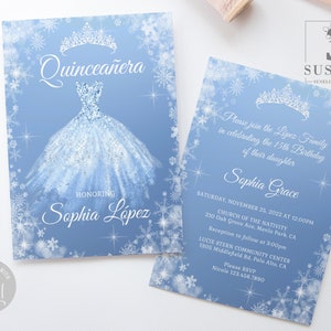 EDITABLE Winter Wonderland Quinceanera Invitation & Back Template, Blue Silver, Mis Quince, Sweet 16, Printable, Instant Download, QU161