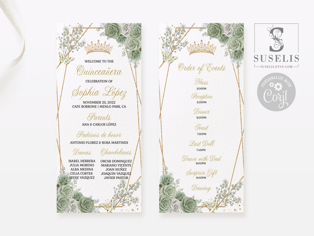EDITABLE Program Template, Quinceañera, Sage Green Flowers, Butterfly